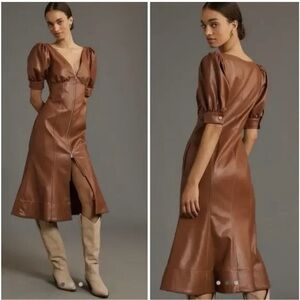 Anthropologie Faux Leather Puff Sleeve Zip Front Midi Dress in Brown Size 6